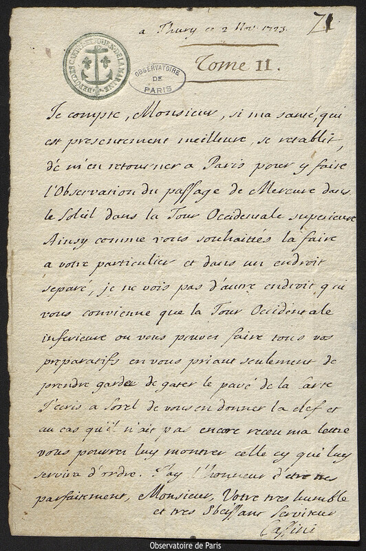 Lettre de Jacques Cassini à Joseph-Nicolas Delisle, Thury-sous-Clermont, 2 novembre 1723