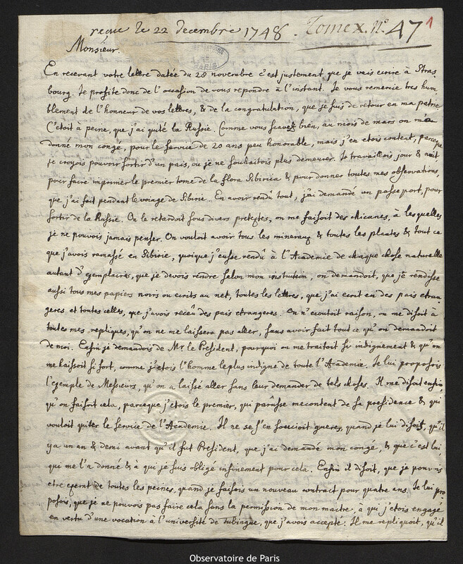 Lettre de Johann Georg Gmelin à Joseph-Nicolas Delisle, Tübingen, 6 décembre 1748