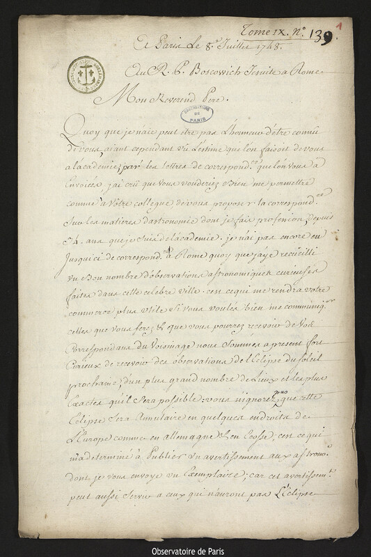 Lettre de Joseph-Nicolas Delisle à Ruggiero Giuseppe Boscovich, Paris, 8 juillet 1748