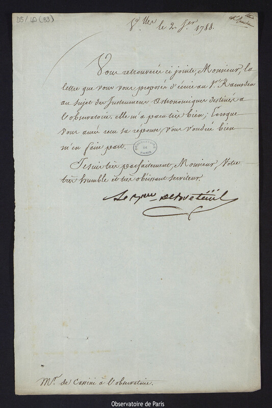 Lettre de Louis Le Tonnelier, baron de Breteuil, à Cassini IV, directeur de l'Observatoire, le 2 janvier 1788