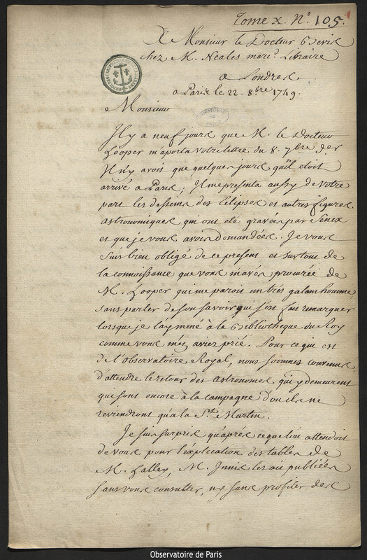 Lettre de Joseph-Nicolas Delisle à Jean Bevis, Paris, 22 octobre 1749