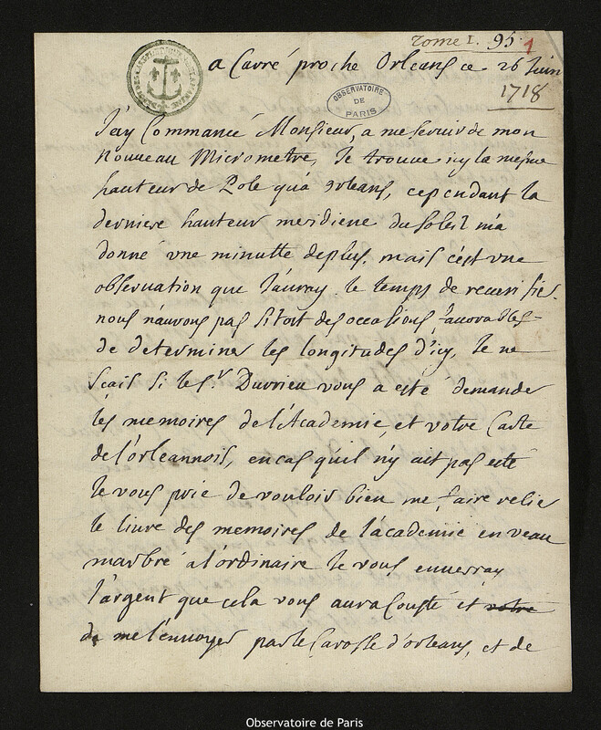 Lettre de Jacques d'Allonville de Louville à Joseph-Nicolas Delisle, Lieu-dit Le Clos du Petit Carré, 26 juin 1718