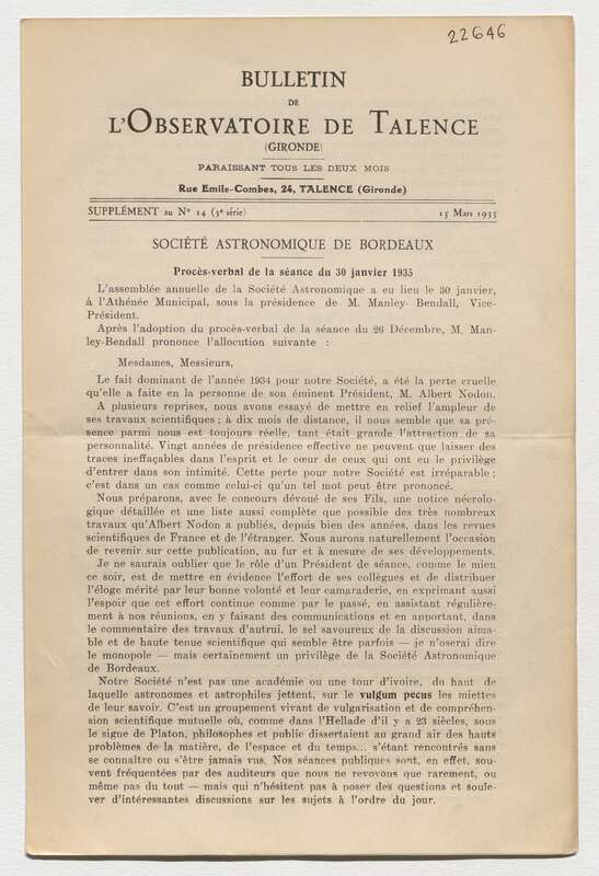 (1935) Bulletin de l'Observatoire de Talence, 3e série