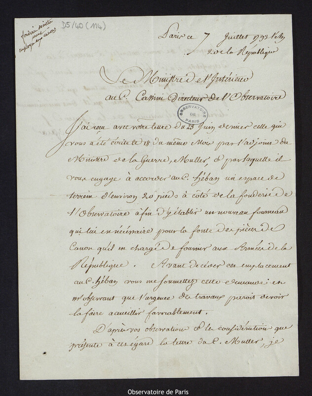 Lettre du Ministre de l'Intérieur à Cassini IV, directeur de l'Observatoire, le 7 juillet 1793