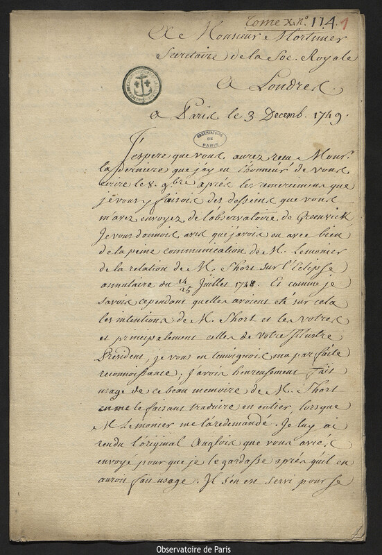 Lettre de Joseph-Nicolas Delisle à Cromwell Mortimer, Paris, 3 décembre 1749