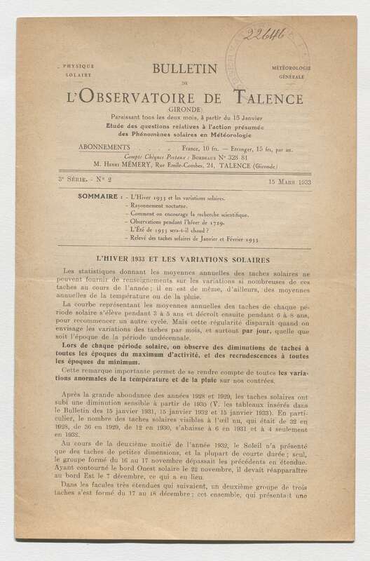 (1933) Bulletin de l'Observatoire de Talence, 3e série