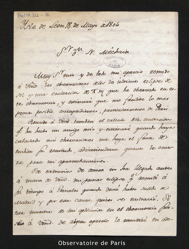 Lettre de Juan Ortiz Canelas à Méchain, Isla de Leon le 18 mai 1804