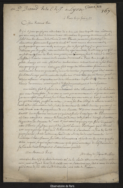 Lettre de Joseph-Nicolas Delisle à Laurent Béraud, Paris, 17 juillet 1753