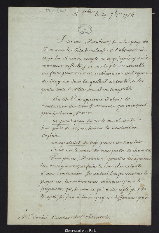 Lettre de Louis Le Tonnelier, baron de Breteuil, à Cassini IV, 29 septembre 1784