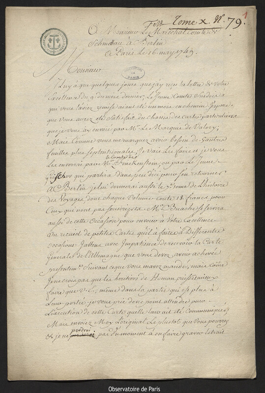 Lettre de Joseph-Nicolas Delisle à comte Samuel de Schmettau, Paris, 16 mai 1749