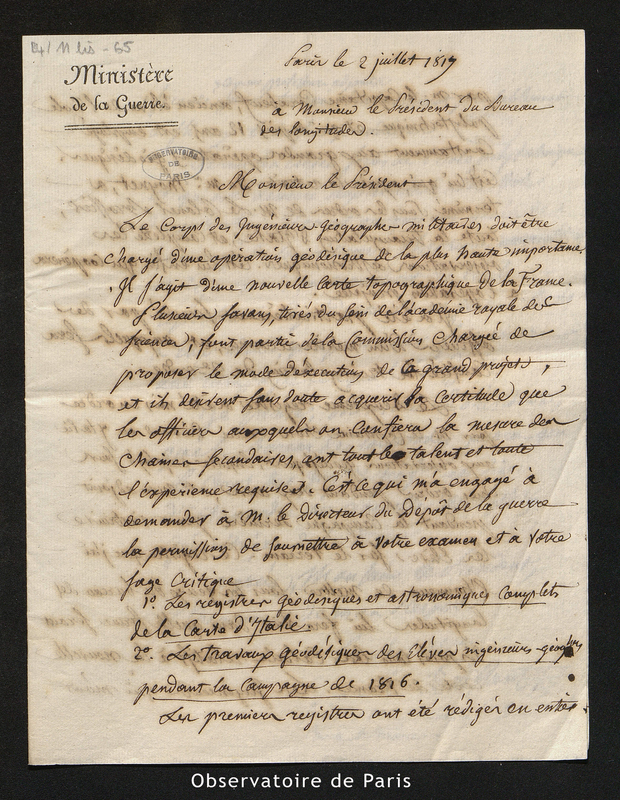 Lettre de Puissant à M. le Président du Bureau des Longitudes, Paris le 2 juillet 1819