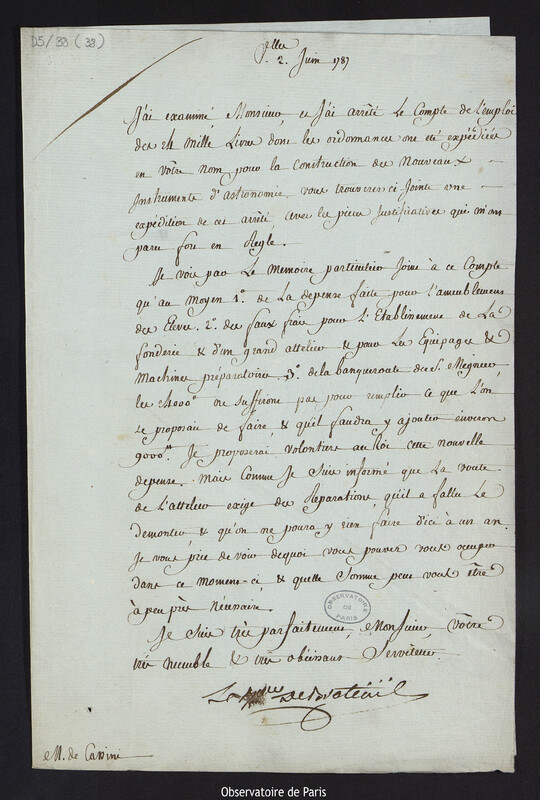 Lettre de Louis Le Tonnelier, baron de Breteuil, à Cassini IV, 2 juin 1787