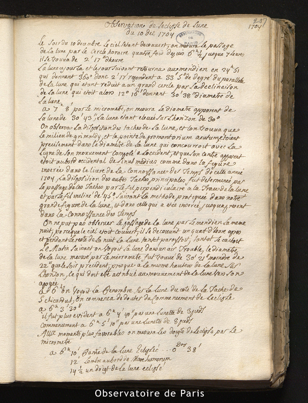 CASSINI I et MARALDI I. Observations de la dernière éclipse de lune du 10 décembre 1704