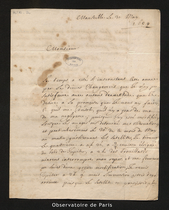 Lettre de Feuillée à Cassini I, Marseille le 31 mai 1699