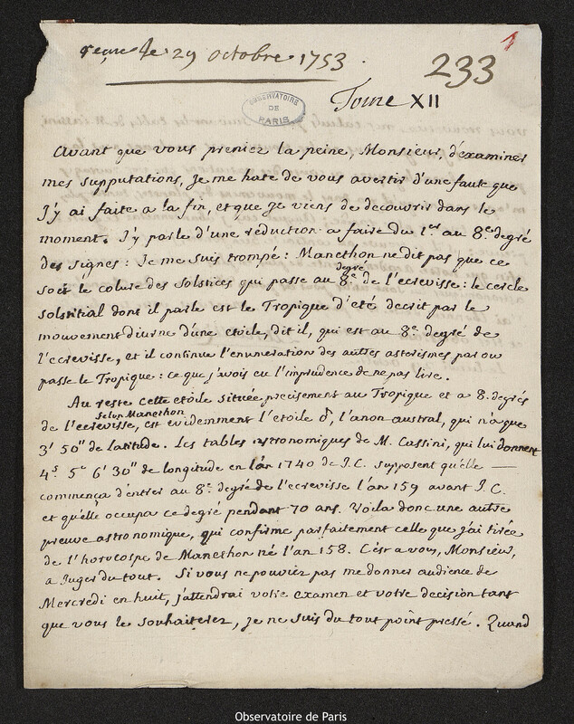 Lettre de Louis Jouard de La Nauze à Joseph-Nicolas Delisle, Paris, 29 octobre 1753