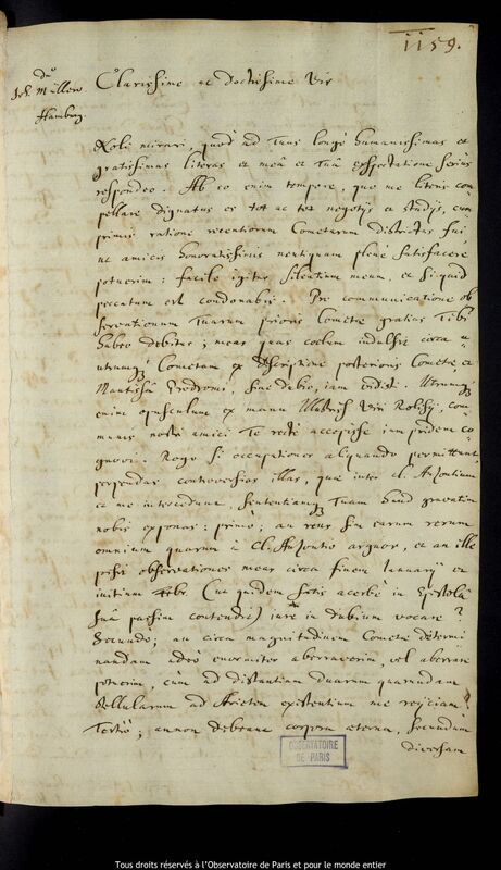 Lettre de Jan Heweliusz à Johannes Müller, Gdansk, novembre 1666