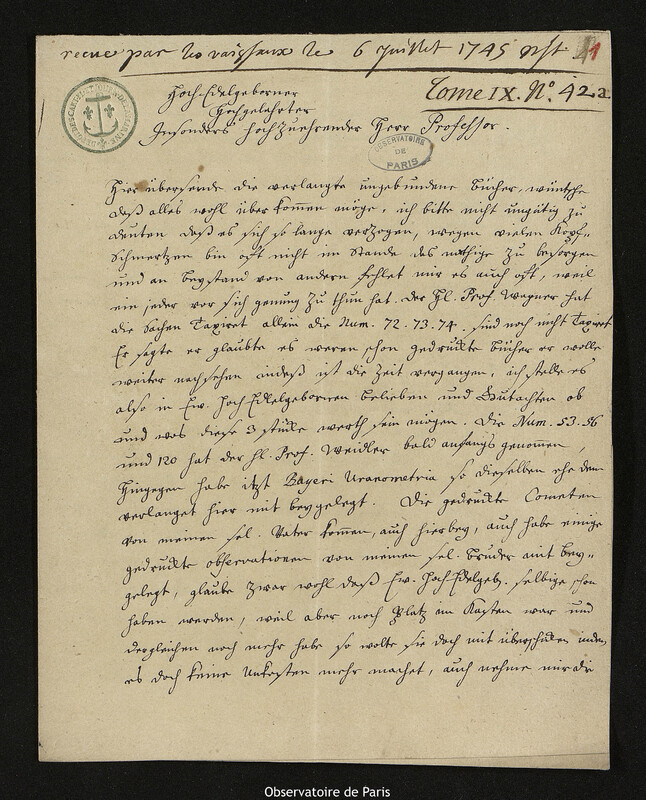 Lettre de Christine Kirch à Joseph-Nicolas Delisle, Berlin