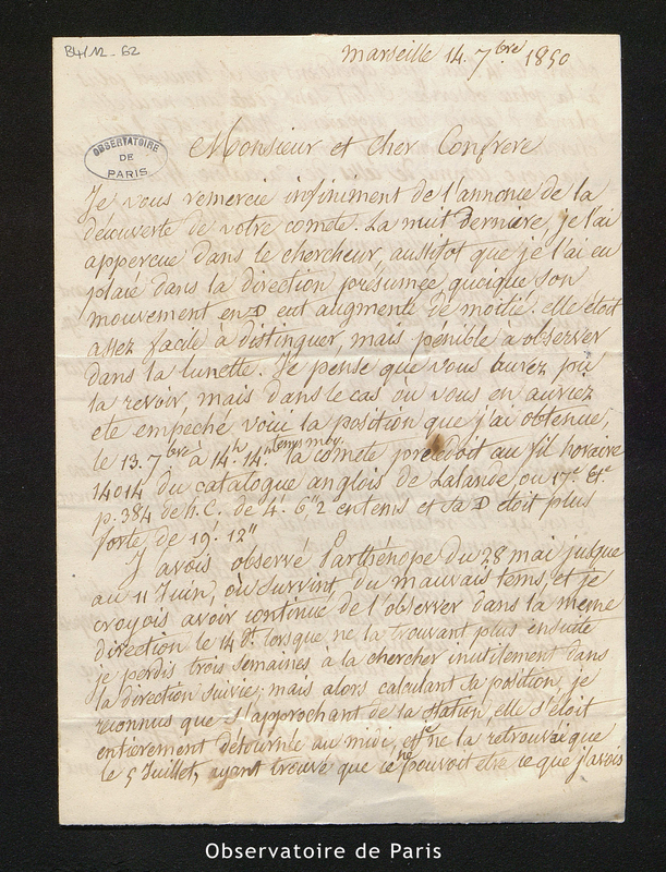 Lettre de Benj. Valz à Mauvais, Marseille le 14 septembre 1850