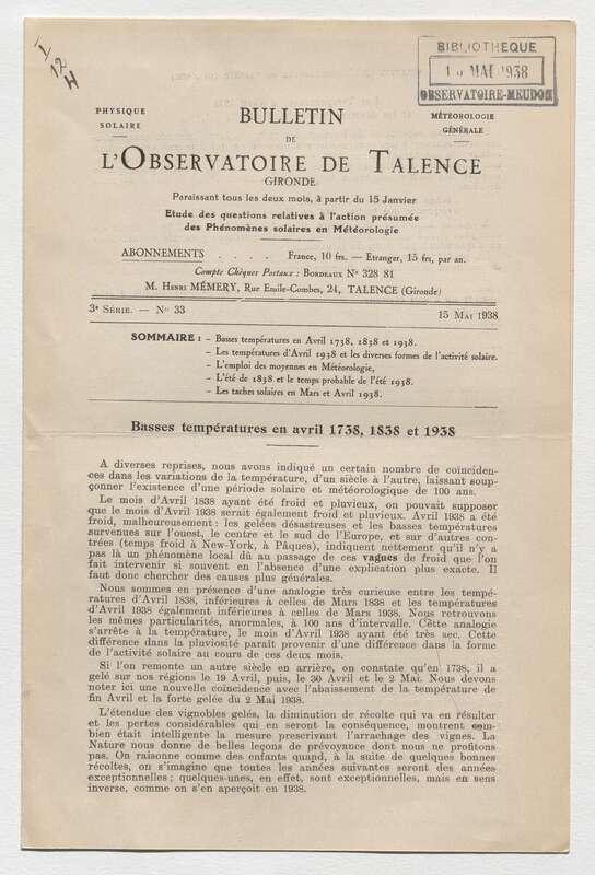 (1938) Bulletin de l'Observatoire de Talence, 3e série