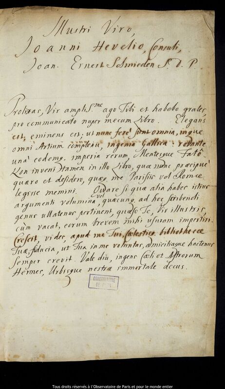 Texte manuscrit de Johann Ernst von Schmieden à Jan Heweliusz, 1667