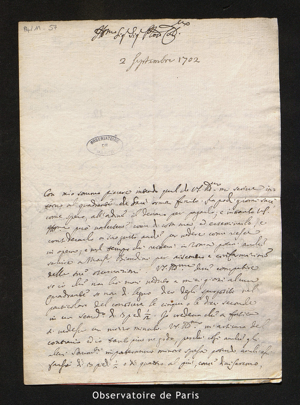 Lettre de Manfredi, Bologne le 2 septembre 1702