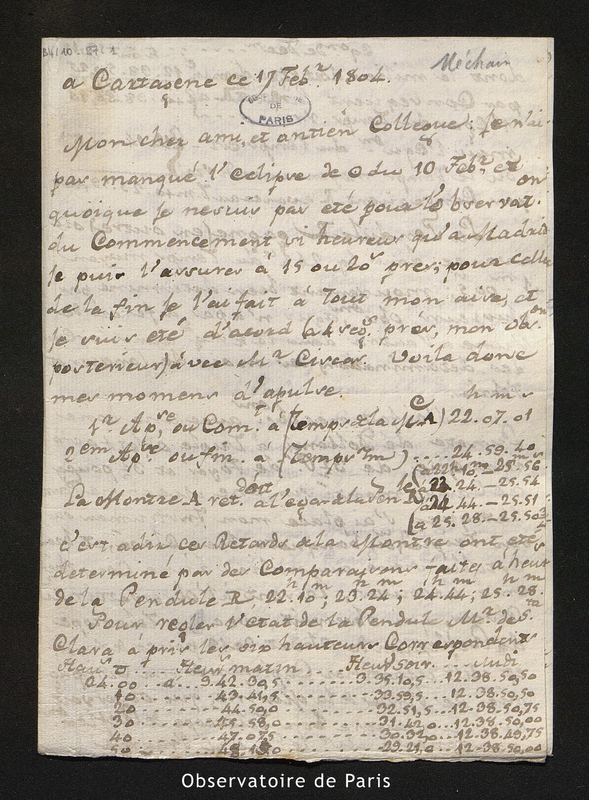 Lettre de Gonzalez Ortiz à Méchain, Carthagène (Espagne) le 17 février 1804