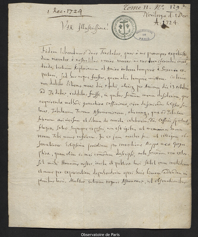 Lettre de Johann Gabriel Doppelmayr à Joseph-Nicolas Delisle, Nuremberg, 1 décembre 1724