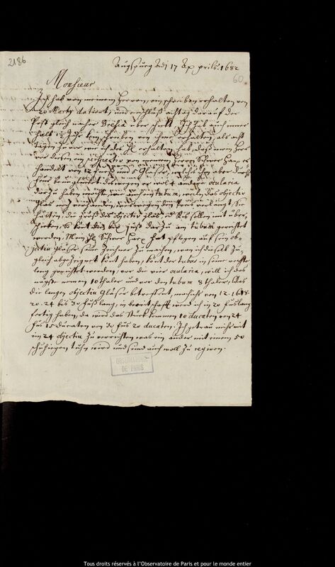 Lettre de Daniel Depiere à Jan Heweliusz, Augsbourg, 17 avril 1682