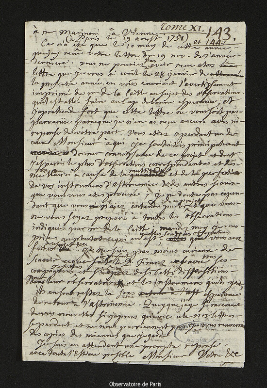 Lettre de Joseph-Nicolas Delisle à Giovanni Giacomo Marinoni, Paris, 19 août 1751