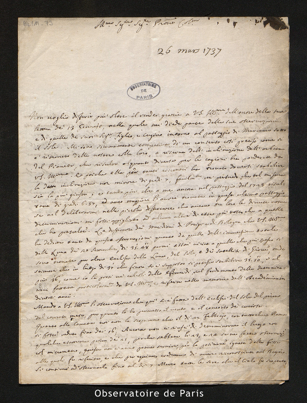 Lettre de Manfredi, le 26 mars 1737