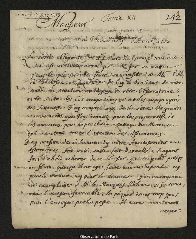 Lettre de Giovanni Giacomo Marinoni à Joseph-Nicolas Delisle, Vienne, 9 avril 1753