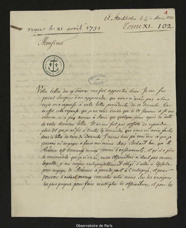 Lettre de Pehr Wilhelm Wargentin à Joseph-Nicolas Delisle, Stockholm, 16 mars 1751