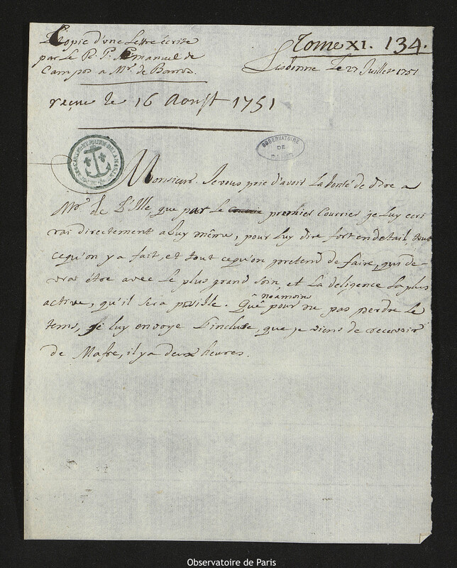 Lettre de Emmanuel de Campos à José Joaquim Soares de Barros e Vasconcellos, Lisbonne, 27 juillet 1751