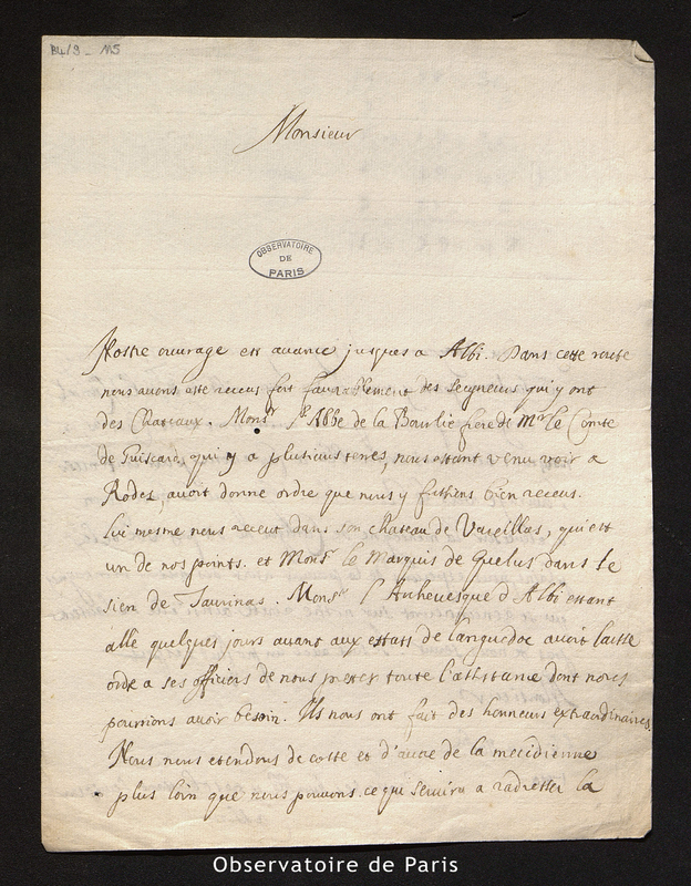 Lettre de Cassini I, Albi le 22 novembre 1700