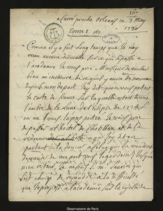 Lettre de Jacques d'Allonville de Louville à Joseph-Nicolas Delisle, Lieu-dit Le Clos du Petit Carré, 3 mai 1720