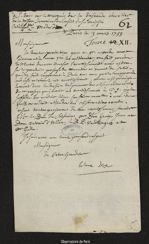 Lettre de Joseph-Nicolas Delisle à Zenón de Somodevilla y Bengoechea, marquis de la Ensenada,Paris, 3 mars 1753