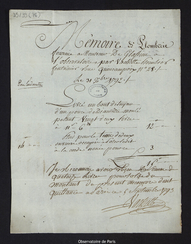 Mémoire de plomberie fournie à Monsieur de Cassini à l'Observatoire, par Vachette plombier fontainier rue Quincampoix n°28