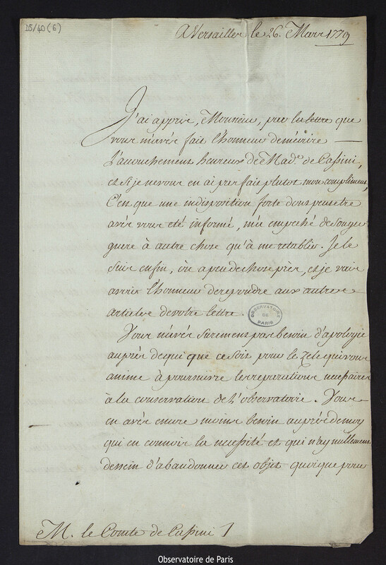 Lettre de Charles de la Billarderie, comte d'Angiviller, à Cassini IV, à Versailles le 26 mars 1779