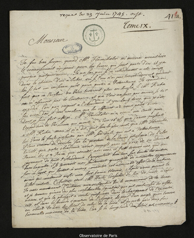 Lettre de Leonhard Euler à Joseph-Nicolas Delisle, Berlin, 12 juin 1745