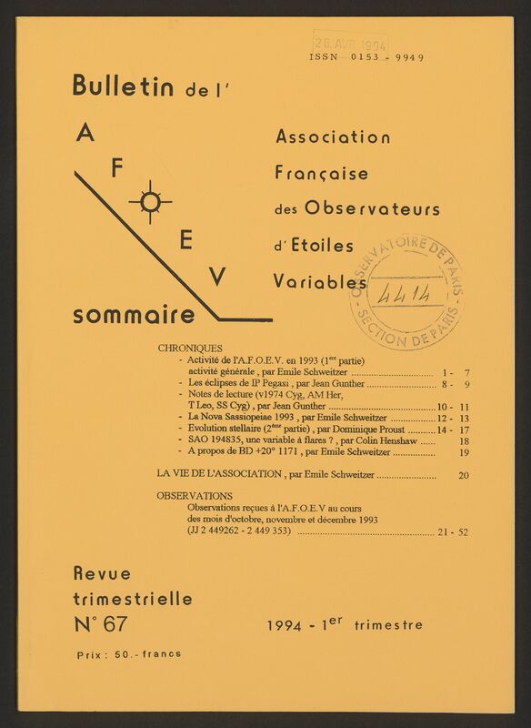 (1994) Bulletin de l'Association Française d'Observateurs d'Étoiles Variables