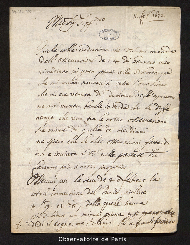 Lettre de Cassini I à Picard, Paris le 11 février 1672