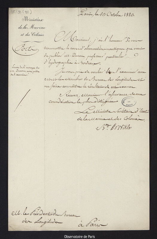 Lettre de Pierre-Barthélémy Portal, ministre de la Marine et des Colonies, à Élisabeth-Paul-Édouard de Rossel, président du Bureau des Longitudes, 10 octobre 1820