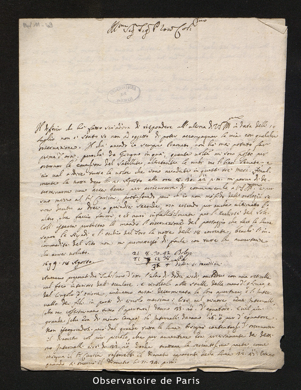 Lettre de Manfredi, Bologne le 26 août 1699