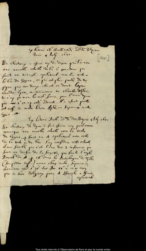 Texte manuscrit d'Ismaël Boulliau à Pauwels Philipp Pels et Pierre Des Noyers, Paris, 4 - 8 juillet 1670