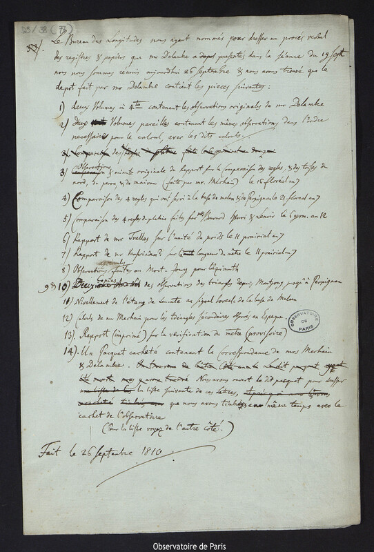 ARAGO François, BOUVARD Alexis et BURCKHARDT Johann Carl. Liste dressée suite au dépôt des manuscrits de Jean-Baptiste Delambre