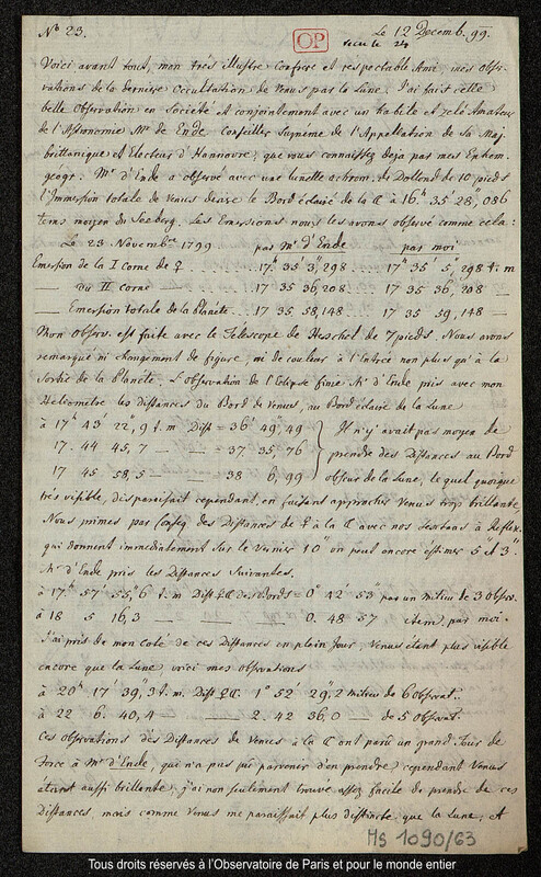 Lettre du baron Franz Xaver von Zach à Joseph Jérôme Le françois de Lalande [Gotha], 12 décembre 1799