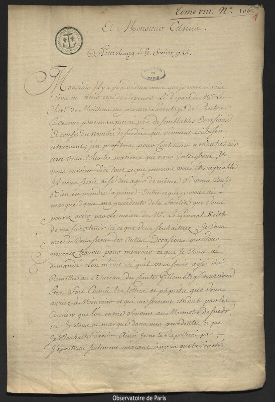 Lettre de Joseph-Nicolas Delisle à Anders Celsius, Saint-Pétersbourg, 22 février 1744