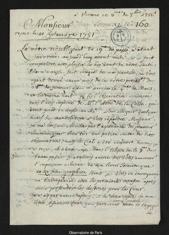 Lettre de Giovanni Giacomo Marinoni à Joseph-Nicolas Delisle, Vienne, 8 septembre 1751