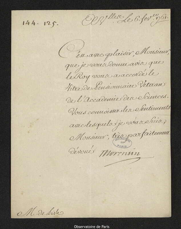 Lettre de Louis Phélypeaux, comte de Saint-Florentin à Joseph-Nicolas Delisle, Versailles, 6 février 1761