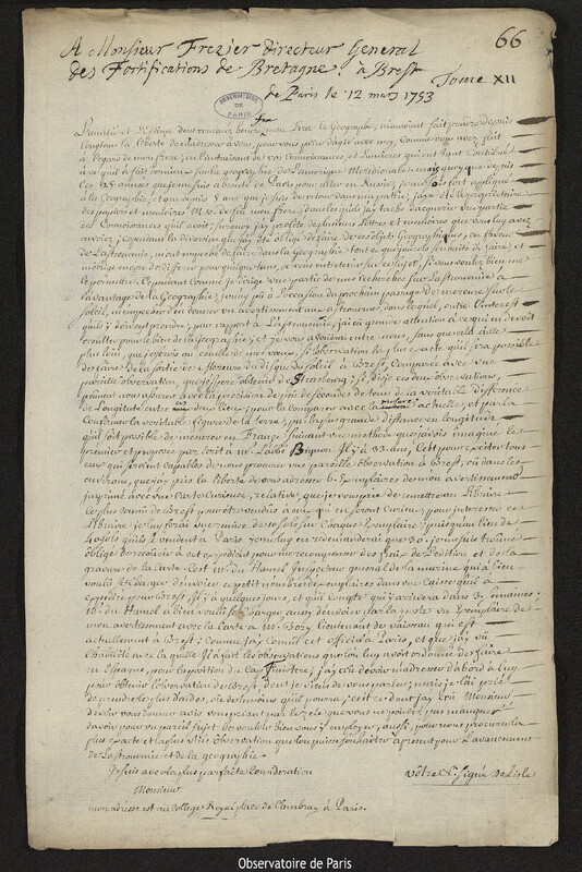 Lettre de Joseph-Nicolas Delisle à Amédée Frezier, Paris, 12 mars 1753